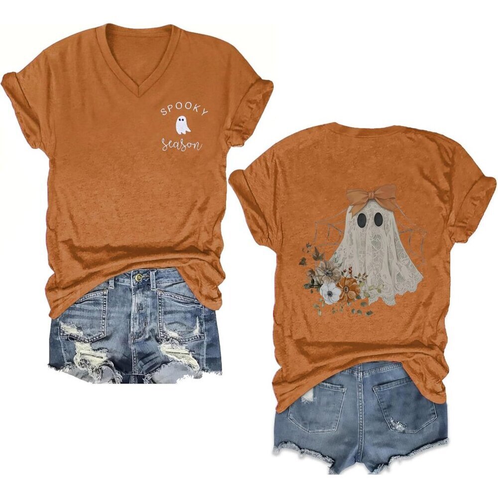 Halloween Teacher Shirts Women Ghost Pumpkin Graphic V Neck Tee for Fall